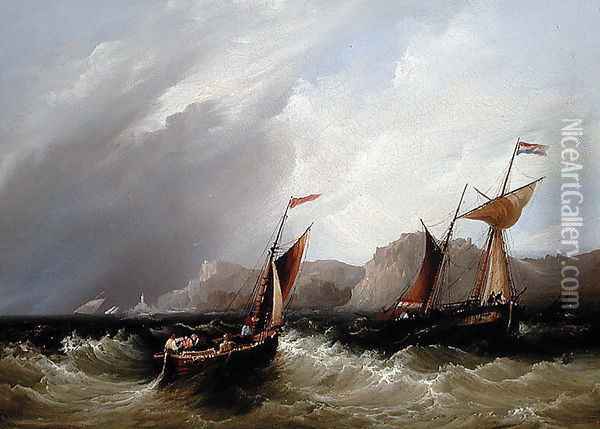 Vessels off a Rocky Coastline Oil Painting - Frederick Calvert