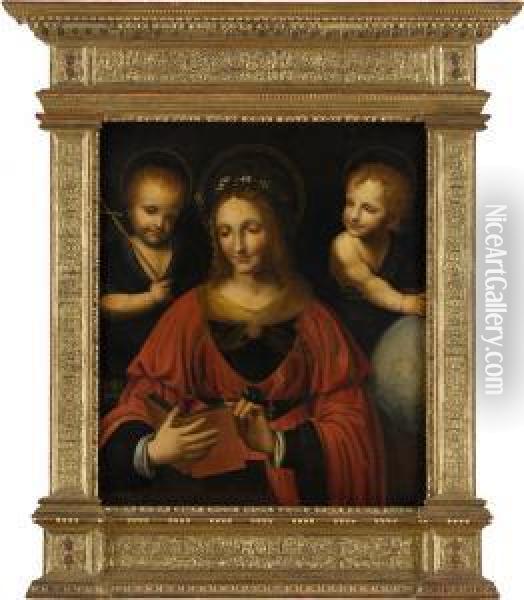 Muttergottes, In Einem Buch Lesend, Christusknabe Mit Weltkugel Undjohannesknabe. Oil Painting - Bernardino Luini