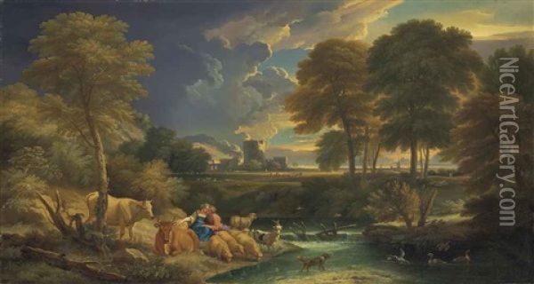 An Extensive River Landscape With Figures And Their Cattle And Sheep Resting By A Stream, A Ruined Castle Beyond Oil Painting - Pieter Mulier the Younger