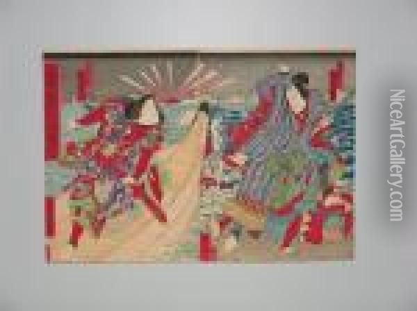 Deuxbrigands Sont Maitrises Par Deux Samourais Oil Painting - Nakai Utagawa Yoshitaki