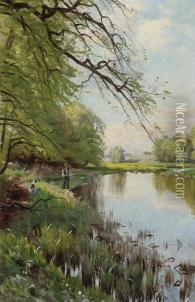 Angler At The River. 1910. Oil Painting - Peder Mork Monsted