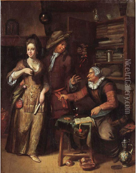 An Elegant Couple In An Interior With A Spinster At A Table Pointing At A Contract Oil Painting - Hendrik De Valk