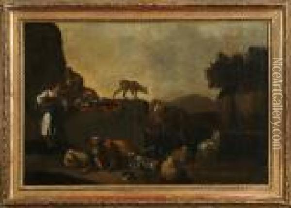 Landskap Med Figurer Och Boskap Oil Painting - Nicolaes Berchem