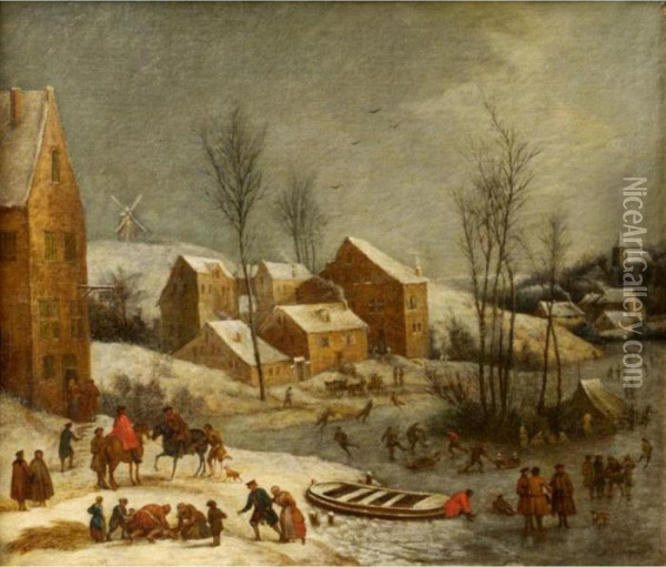 Winter Landscape With Numerous Figures Skating Near A Village Oil Painting - Jan Peeter Verdussen