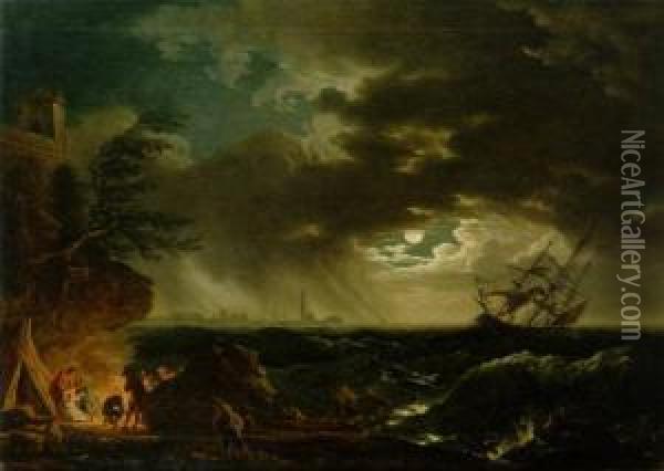 Shipwreck In Stormy Seas With Survivors At A Campfire Oil Painting - Jean-Francois Hue