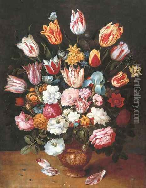 Tulips, daffodils, roses, an iris and other flowers in a pottery vase on a ledge Oil Painting - Osias, The Younger Beert