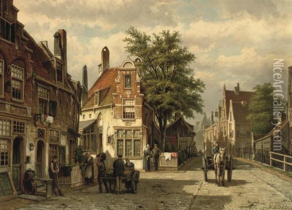 A Busy Street In Summer, Enkhuizen Oil Painting - Willem Koekkoek