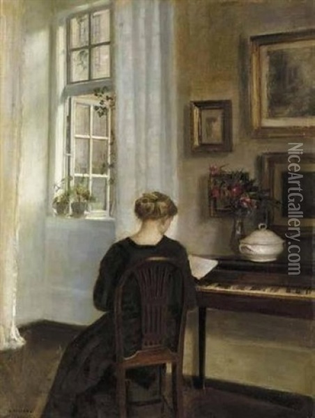 A Girl Reading Beside An Open Window Oil Painting - Carl Vilhelm Holsoe
