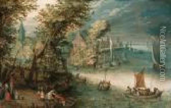 A Wooded River Landscape With 
Travellers At A Landing Stage Near Atown, Kaags, Rowing Boats And A 
Ferry On The River Oil Painting - Jan Brueghel the Younger
