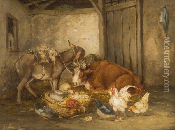 Ane, Vache Et Poules Dans Une Etable Oil Painting - Claude Guilleminet