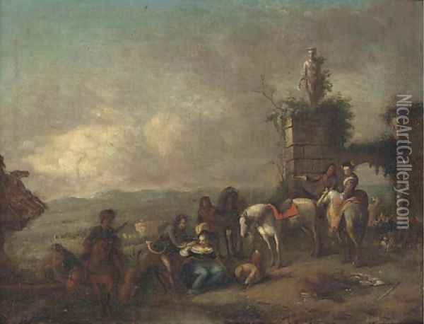 A hunting party at rest in a landscape Oil Painting - Philips Wouwerman