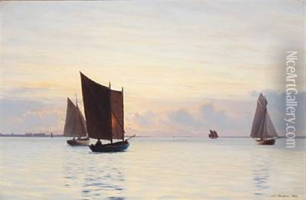 Sailing Ships At Sunset, Presumably In The Archipelago South Of Funen Oil Painting - Carl (Jens Erik C.) Rasmussen