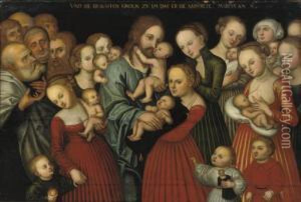 Christ Suffering The Children To Come Unto Him Oil Painting - Lucas The Younger Cranach