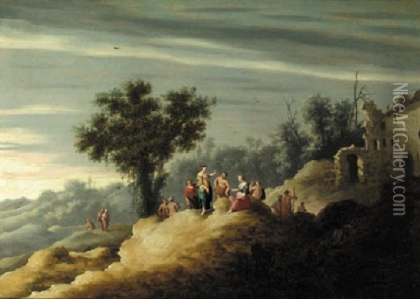 Nymphs By Classical Ruins In A Landscape Oil Painting - Johan van Haensbergen