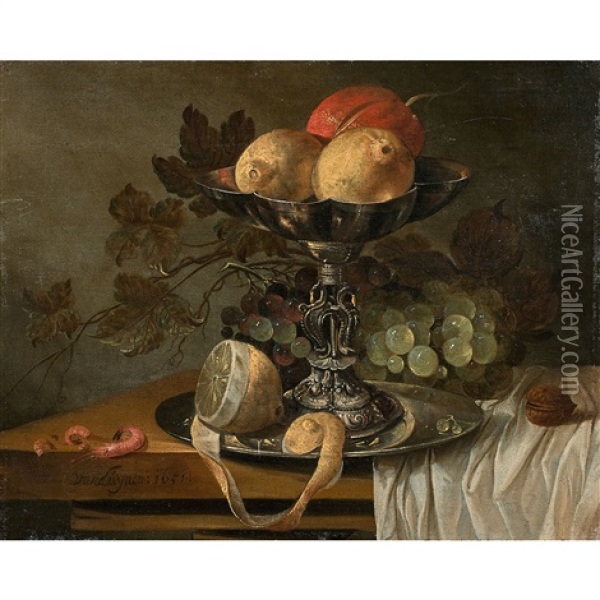 Nature Morte A La Tazza, Au Citron Et Aux Crevettes Sur Un Entablement Oil Painting - Isaac Van Duynen