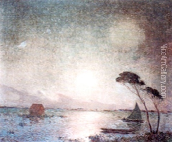 Clair De Lune Et Barque En Briere Oil Painting - Ferdinand du Puigaudeau