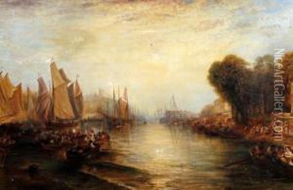 Figures And Boats In A British Estuary, Evening Oil Painting - Joseph Mallord William Turner