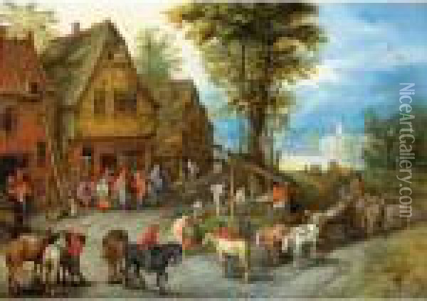 A Village Street With The Holy Family Arriving At An Inn Oil Painting - Jan Brueghel the Younger