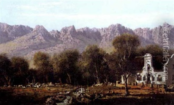 A Cape Homestead In A Mountainous Landscape Oil Painting - Tinus de Jongh