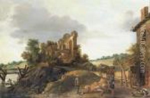An Extensive Landscape With 
Soldiers Resting By A Tavern, A Horseand Cart And Other Figures On A 
Road And A Ruin On A Hilltopbeyond Oil Painting - Esaias Van De Velde