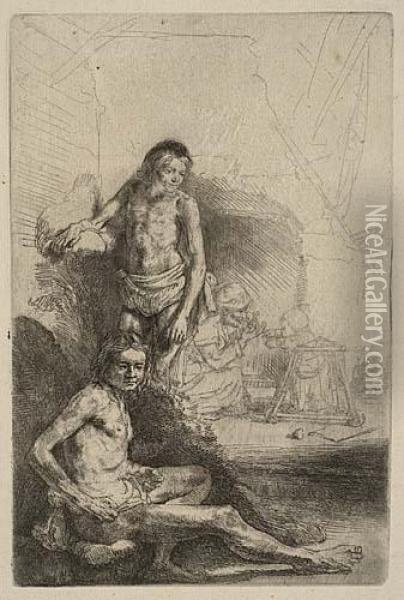 Nude Man Seated And Another Standing With A Woman And A Baby Oil Painting - Rembrandt Van Rijn