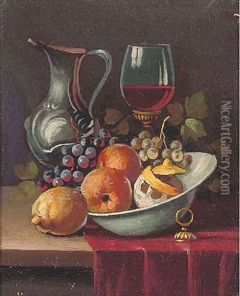 Oranges in a bowl, with grapes, a glass of wine and a ewer to the side Oil Painting - Continental School