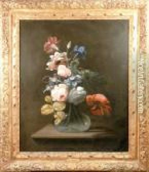 A Still Life Of Flowers In A Glass Vase On A Stone Pedestal Oil Painting - Simon Pietersz. Verelst