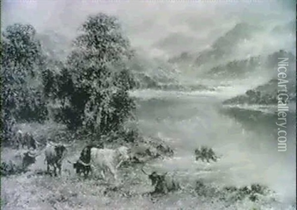 Highland Castle By A Lake Oil Painting - William Langley