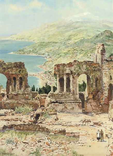 Ruins of the theatre at Taormina, Sicily Oil Painting - Charles Edward Dixon