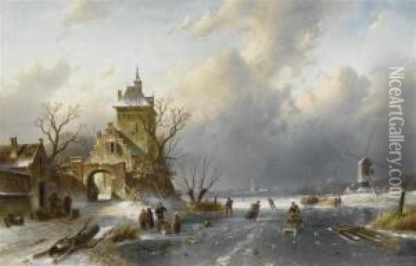Dutch Winter Landscape With Skaters Oil Painting - Charles Henri Leickert