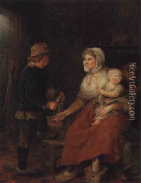 A Mother With Her Children In A Farmhouse Interior Oil Painting - Abraham Bruiningh van Worrell