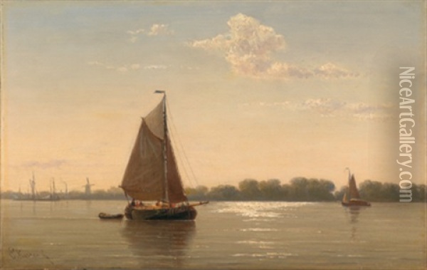 Flusslandschaft Mit Segelbooten Im Abendlicht Oil Painting - Everhardus Koster