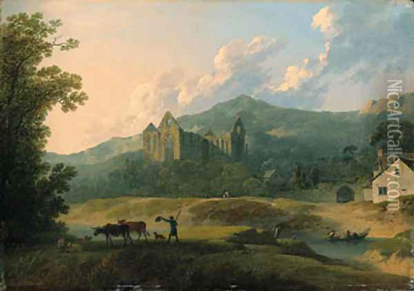 View of Tintern Abbey, with a herdsman and livestock in the foreground Oil Painting - Francis Nicholson