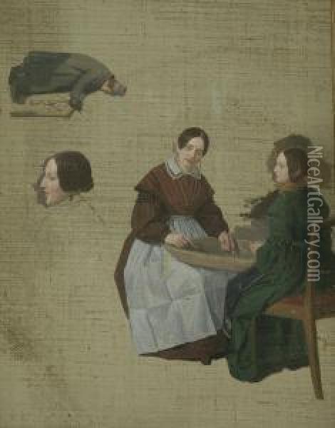 Studie Mit Zwei Frauen Beim Erbsenschalen Oil Painting - Christian Tunica
