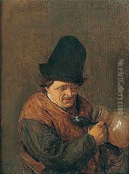 A Peasant Drinking From A Flaggon Oil Painting - Adriaen Jansz. Van Ostade