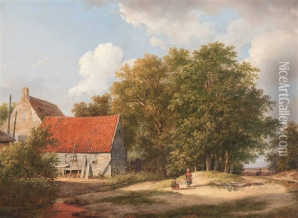 Summer Farmyard Oil Painting - Andreas Schelfhout
