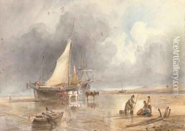 Fisherfolk on the beach Oil Painting - English School