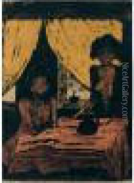 Zigeuner. Zwei Zigeunermadchen Im Wohnraum (two Gipsy Girls In A Room) Oil Painting - Otto Mueller