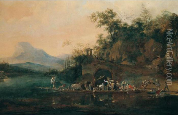 A Landscape With Figures And Animals Crossing A River In A Ferry Oil Painting - Willem Schellinks