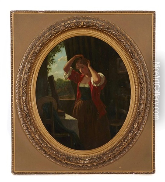 Woman At A Mirror Oil Painting - John Whetten Ehninger