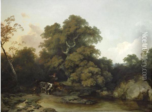 A Young Maid Watering The Cattle In A Wooded, River Landscape Oil Painting - Philip Jacques de Loutherbourg