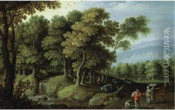 A Clearing In A Forest With 
Cattle Watering At A Pool And Peasants On A Road In The Foreground Oil Painting - Marten Ryckaert