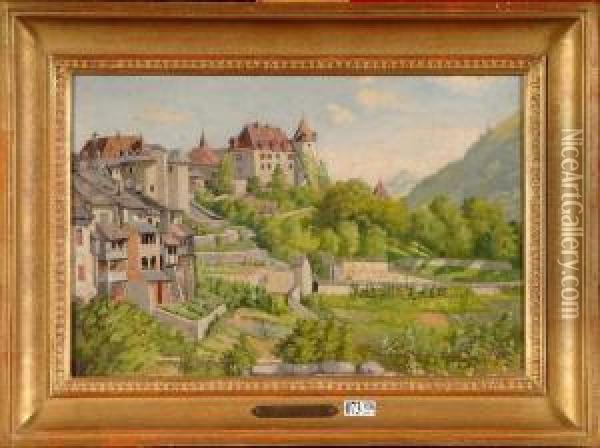 Vue D'un Village En Suisse Oil Painting - Paul Aime Vallouy