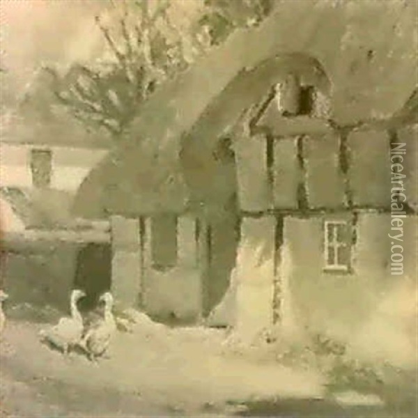 Geese By A Thatched Cottage Oil Painting - Frederick Hall