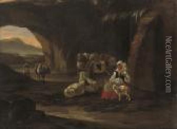 A Rocky Wooded Landscape With A Drover And Shepherdess At Rest Withtheir Flock Oil Painting - Nicolaes Berchem
