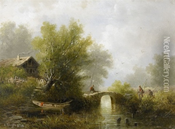 Flusspartie Mit Staffage Oil Painting - Albert Rieger