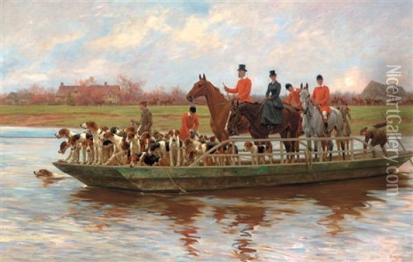 Mr. Edward Lycett Green And The York And Ainsty Hounds On The Ferry At Newby Oil Painting - Thomas Blinks