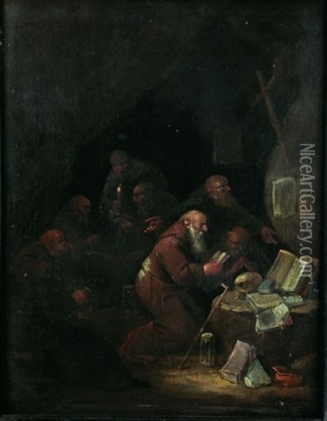 Une Reunion De Moines Dans Une Grotte Oil Painting - Egbert van Heemskerck the Elder