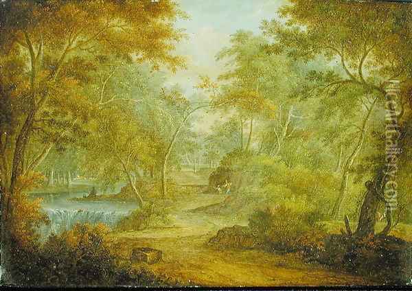 A Wooded Landscape with a Stream and a Fisherman Oil Painting - Thomas Smith of Derby
