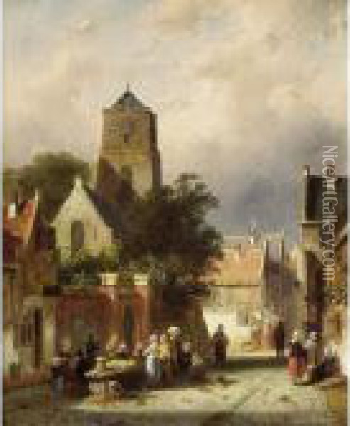 A Street Scene With Villagers By A Market Stall Oil Painting - Charles Henri Leickert